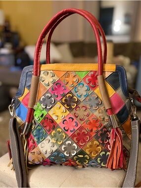 Multicolor Floral Patchwork Leather Satchel - Red & Multicolor